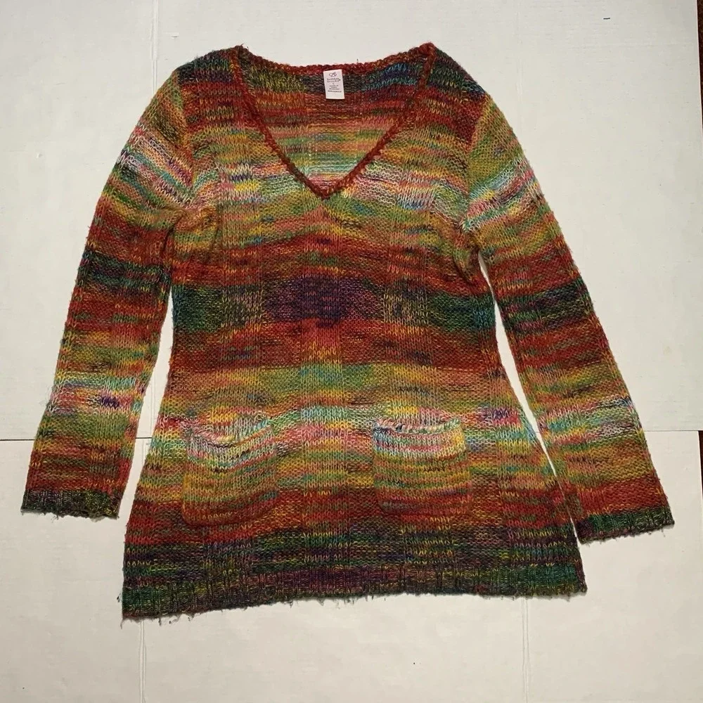 VTG Bobbie Brooks Y2K Rainbow Tunic Sweater Sz L Pockets Acrylic Boho Hippie